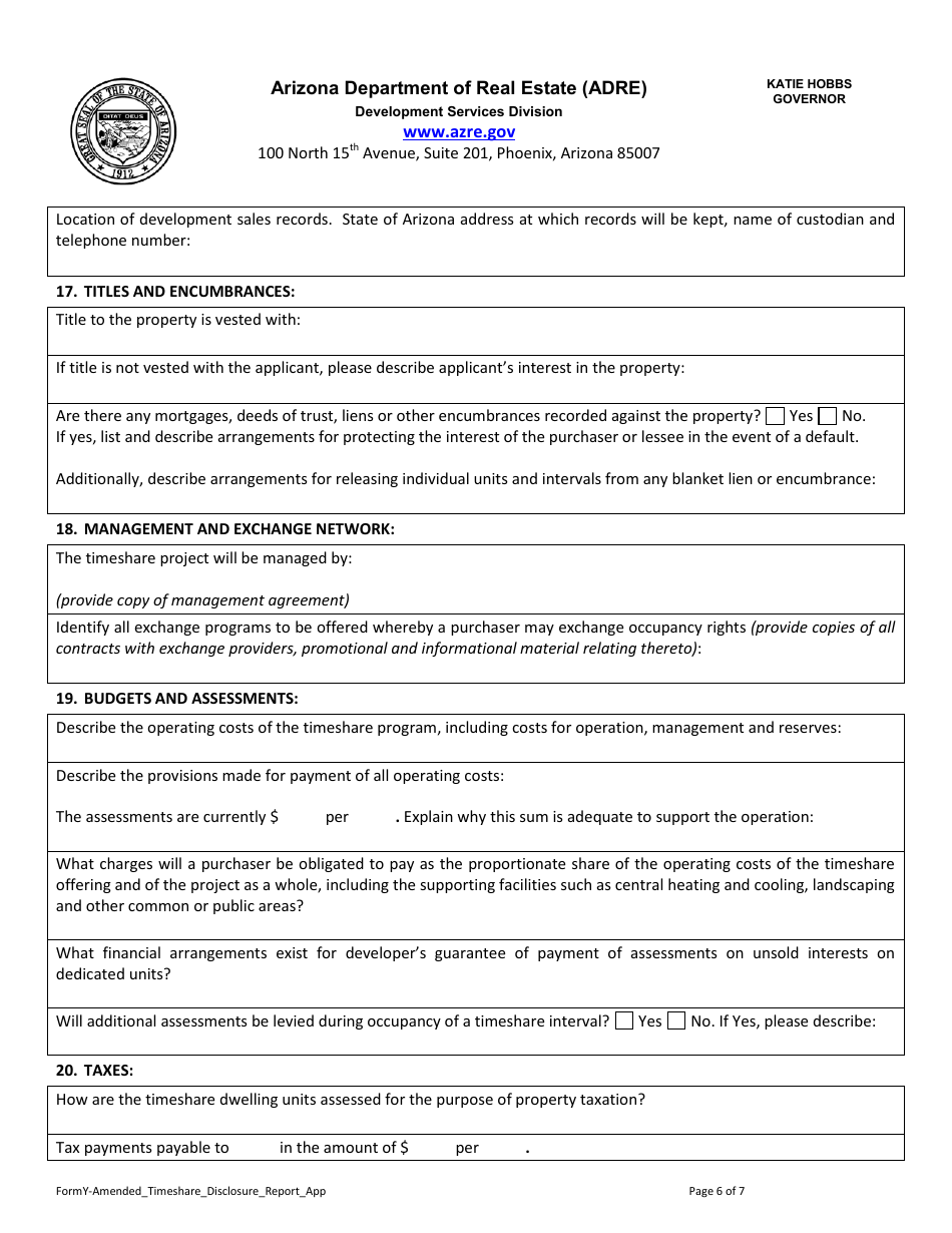 Form Y Application for Amended Timeshare Public Report - Arizona, Page 7