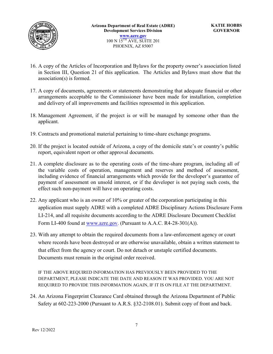 Application for Timeshare Public Report - Arizona, Page 11