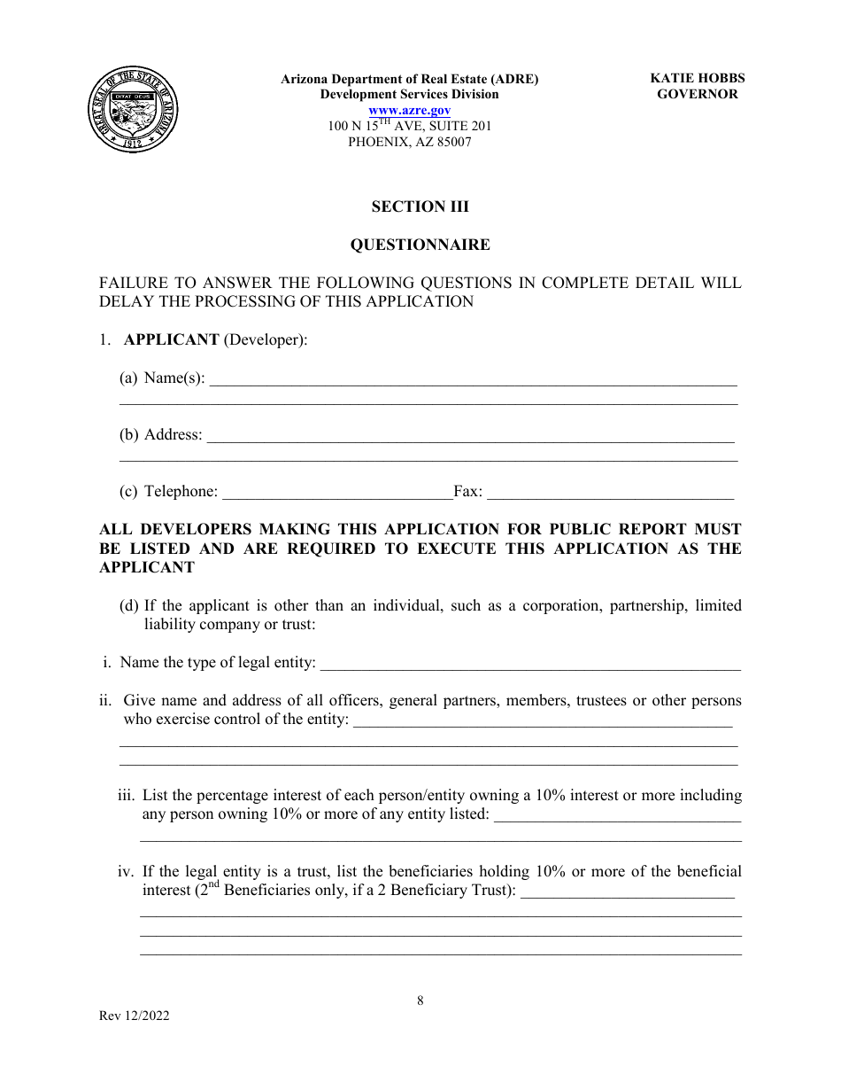 Application for Timeshare Public Report - Arizona, Page 12
