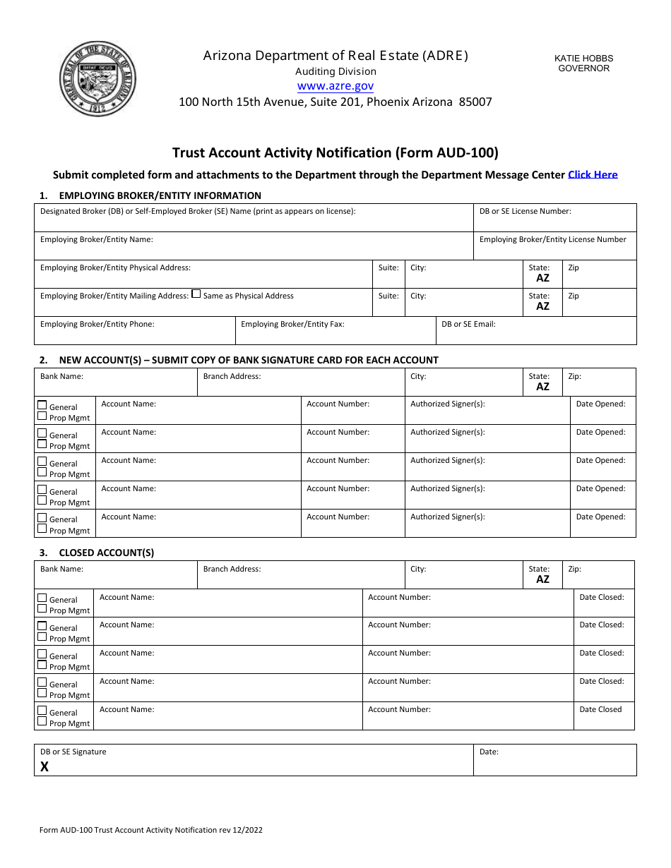 Form AUD-100 Trust Account Activity Notification - Arizona, Page 1