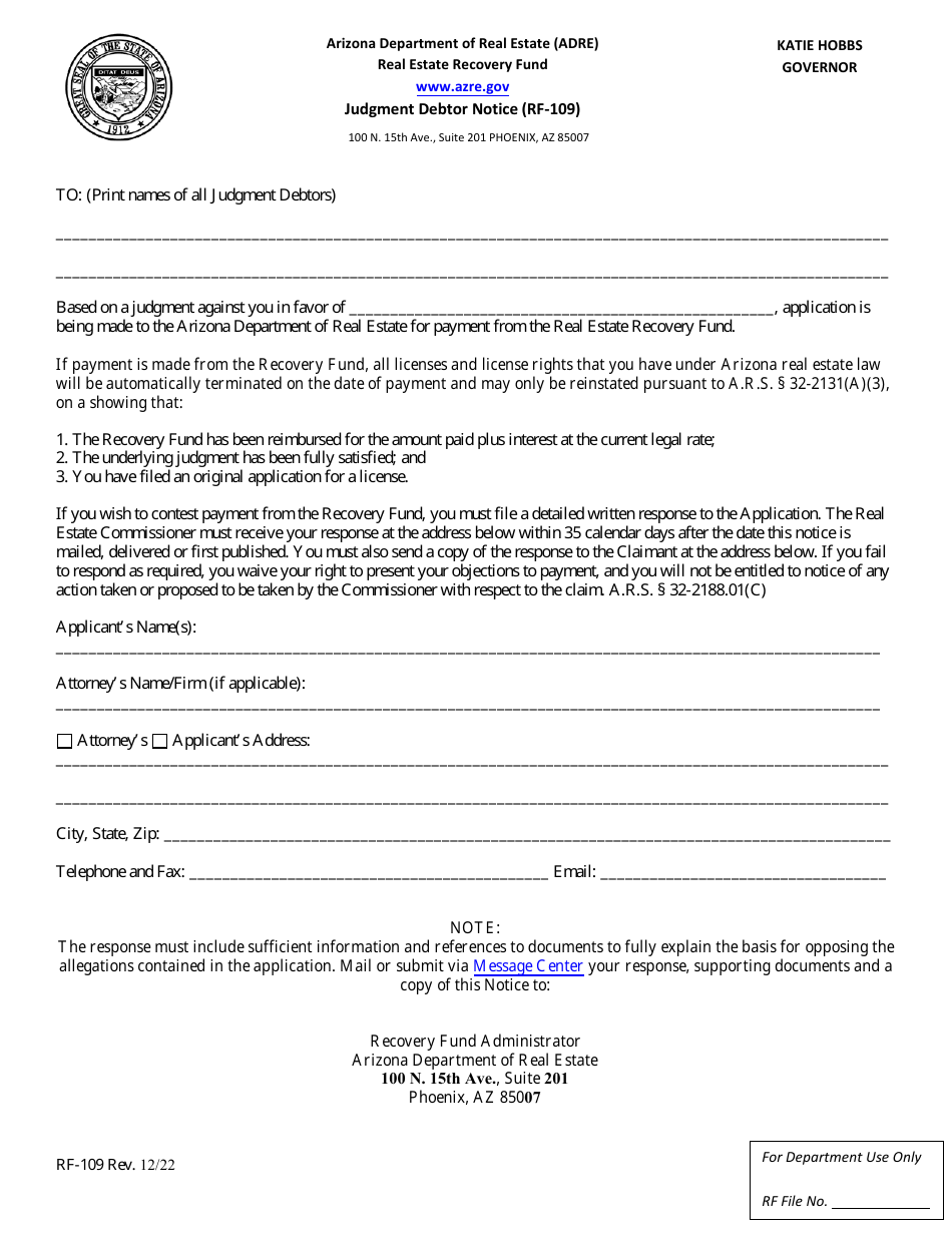 Form RF-109 Judgment Debtor Notice - Arizona, Page 1