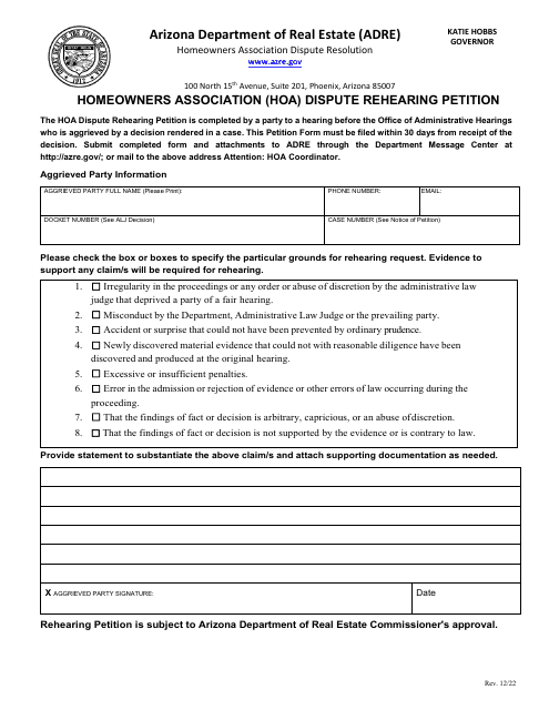 Homeowners Association (Hoa) Dispute Rehearing Petition - Arizona Download Pdf