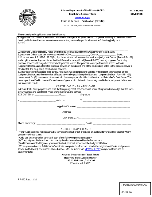 Form RF-112 Proof of Service - Publication - Arizona