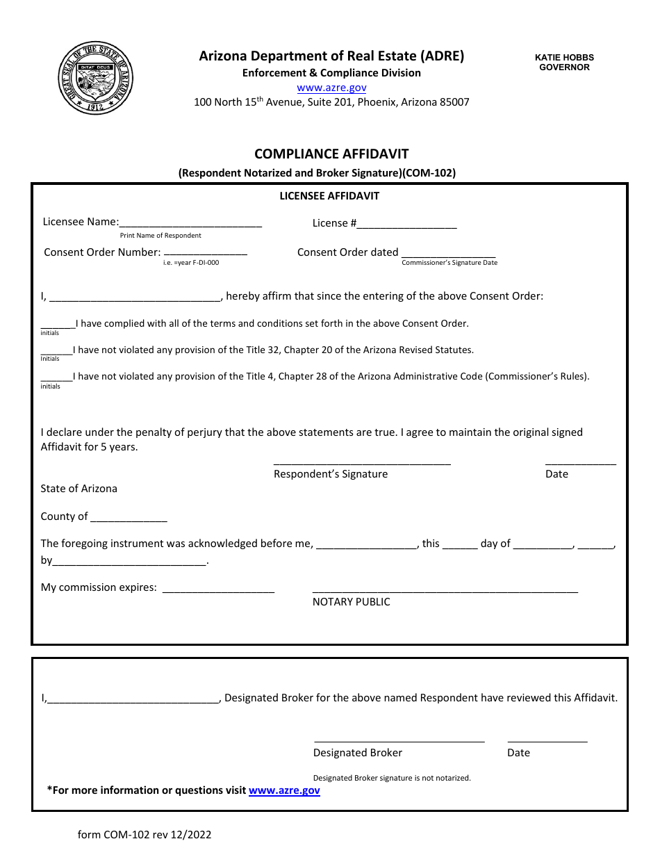 Form COM-102 Compliance Affidavit (Respondent Notarized and Broker Signature) - Arizona, Page 1