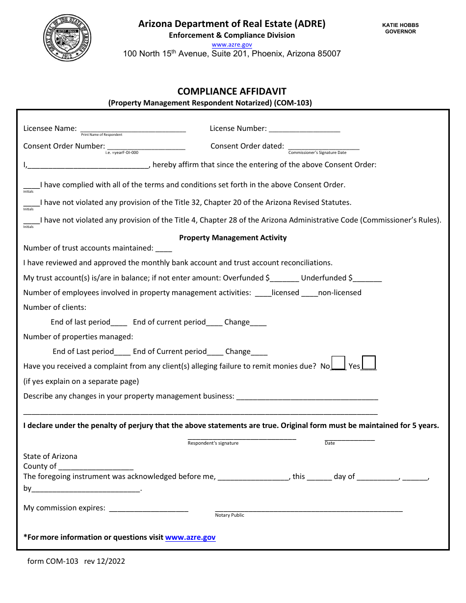 Form COM-103 Compliance Affidavit (Property Management Respondent Notarized) - Arizona, Page 1