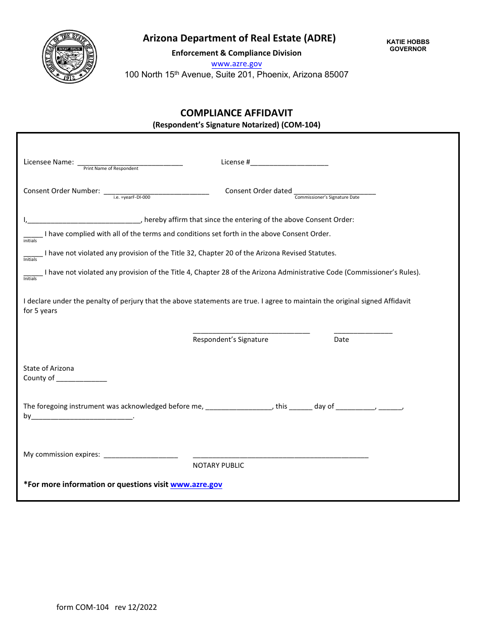 Form COM-104 Compliance Affidavit (Respondents Signature Notarized) - Arizona, Page 1