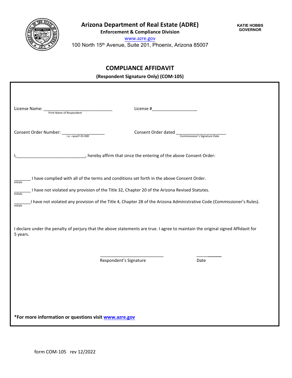 Form COM-105 Compliance Affidavit (Respondent Signature Only) - Arizona, Page 1