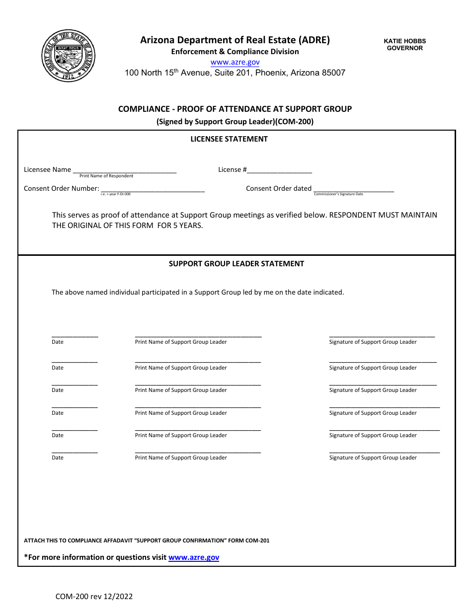 Form COM-200 Compliance - Proof of Attendance at Support Group (Signed by Support Group Leader) - Arizona, Page 1