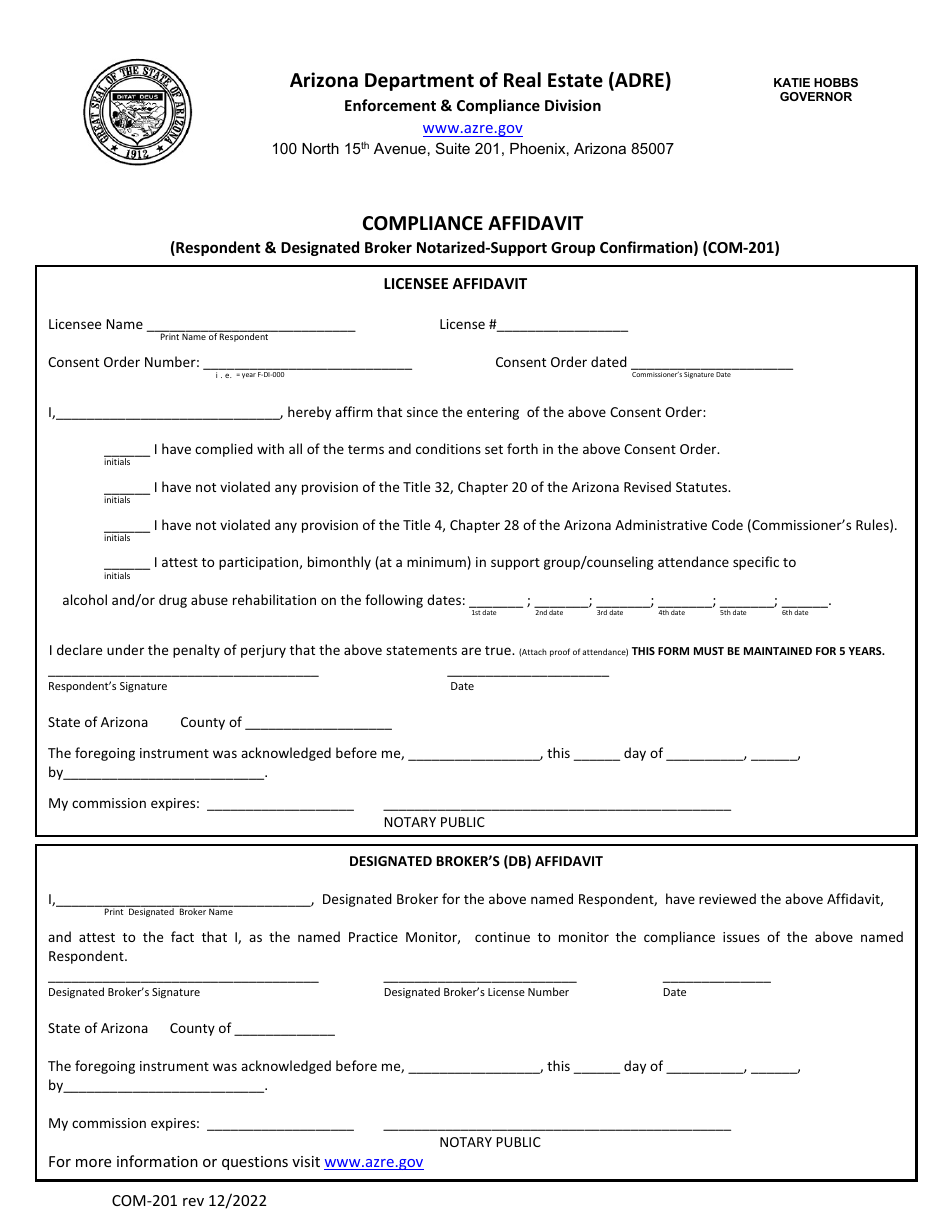 Form COM-201 - Fill Out, Sign Online and Download Fillable PDF, Arizona ...