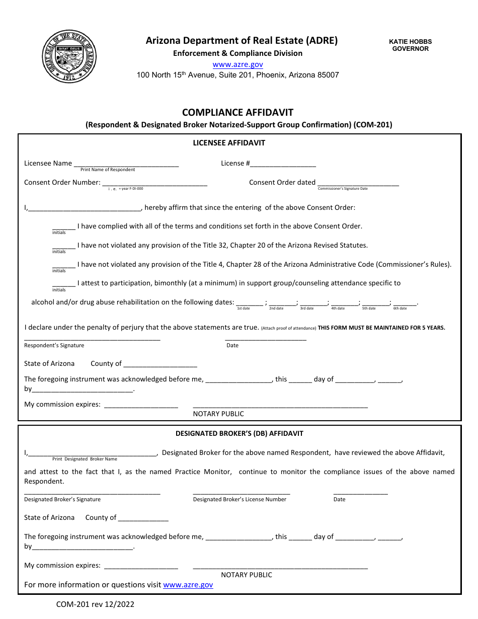 Form COM-201 Compliance Affidavit (Respondent  Designated Broker Notarized-Support Group Confirmation) - Arizona, Page 1