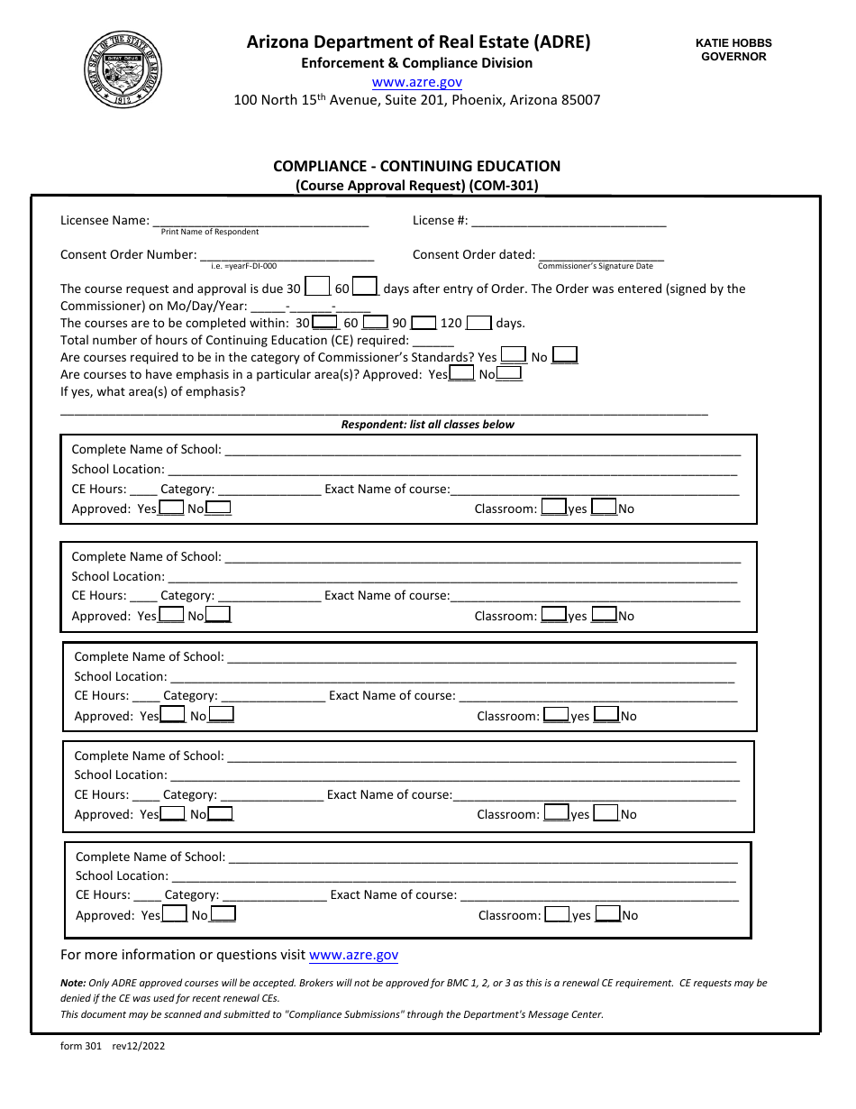 Form COM-301 Compliance - Continuing Education (Course Approval Request) - Arizona, Page 1