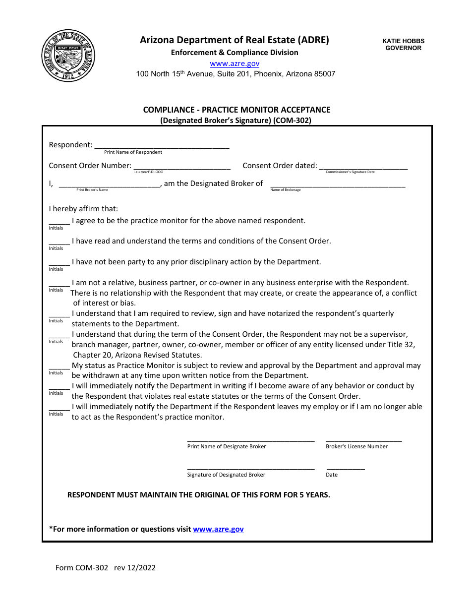 Form COM-302 Compliance - Practice Monitor Acceptance (Designated Brokers Signature) - Arizona, Page 1