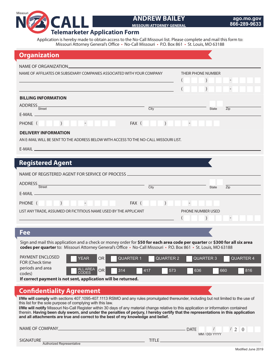 Telemarketer Application Form - Missouri, Page 1