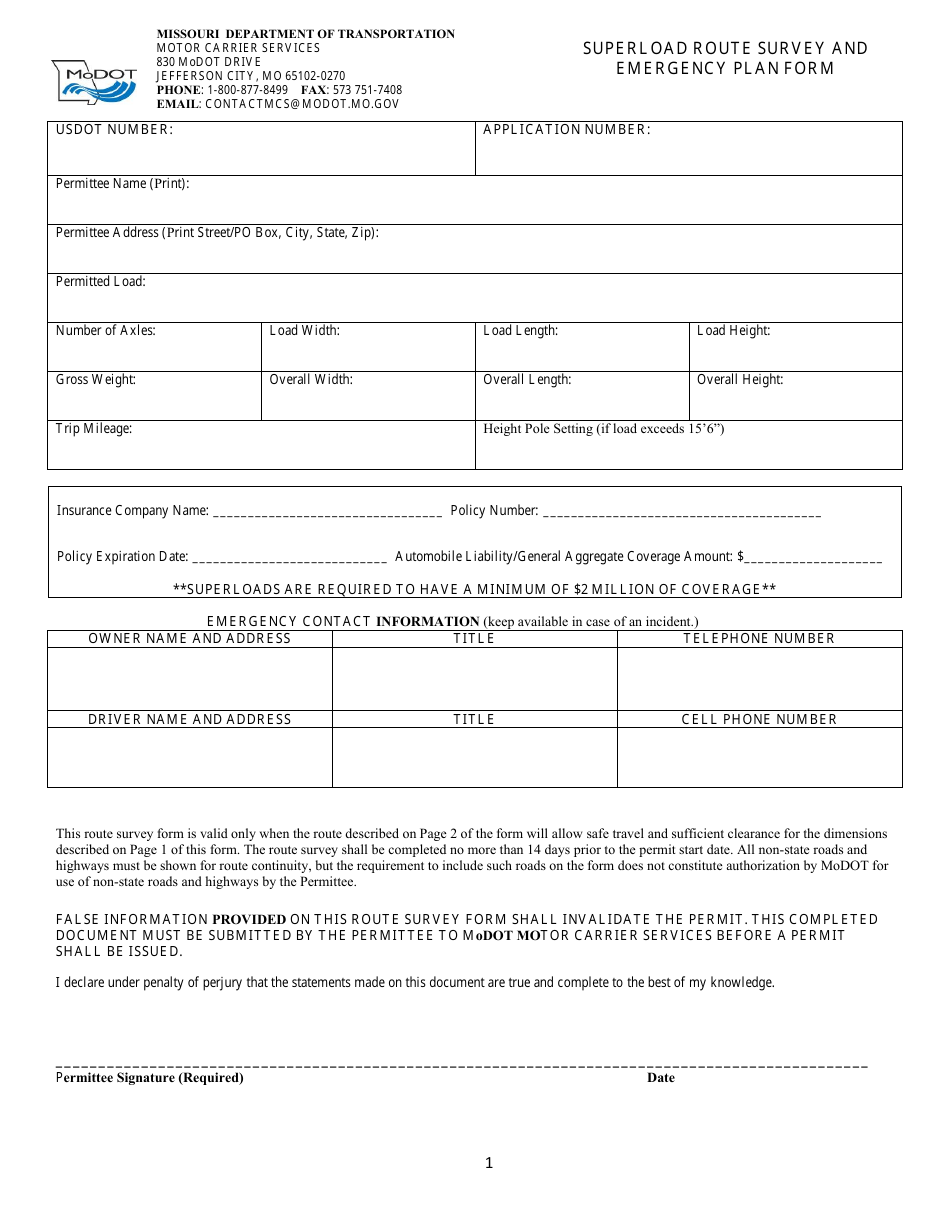 Superload Route Survey and Emergency Plan Form - Missouri, Page 1