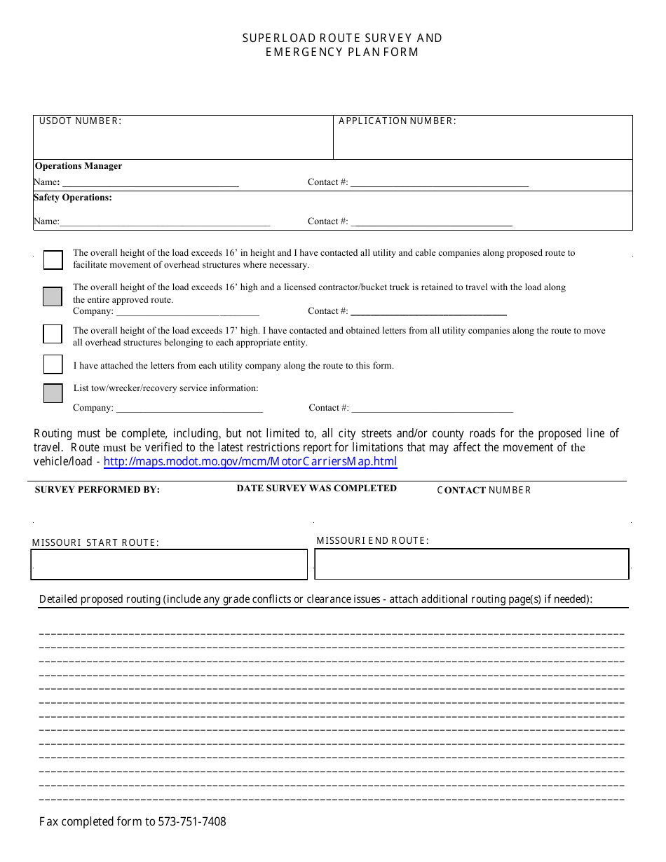 Missouri Superload Route Survey and Emergency Plan Form - Fill Out ...