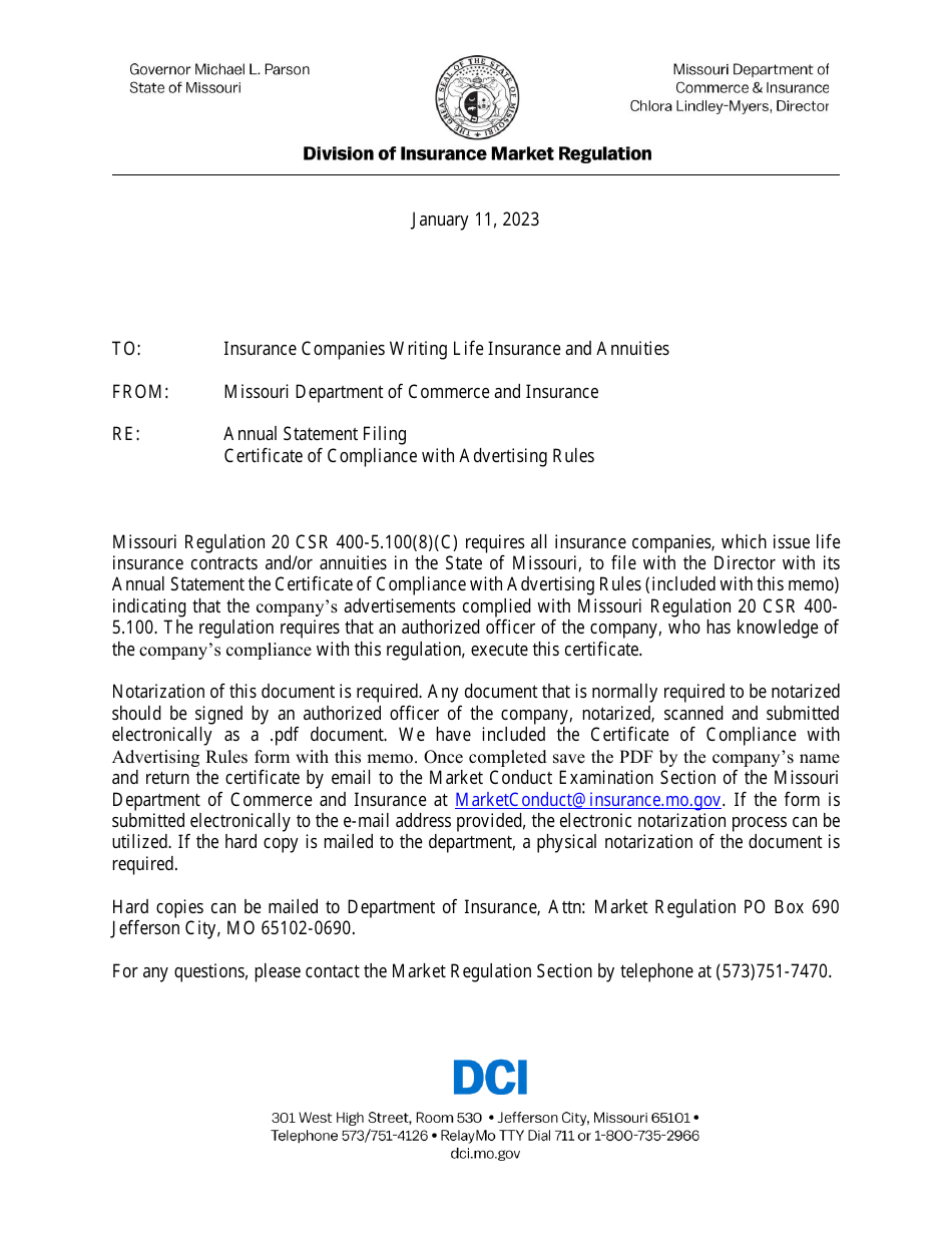 Missouri Certificate of Compliance With Advertising Rules Download