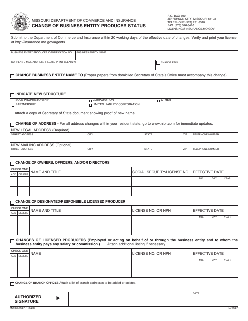 Form MO375-0087 Change of Business Entity Producer Status - Missouri