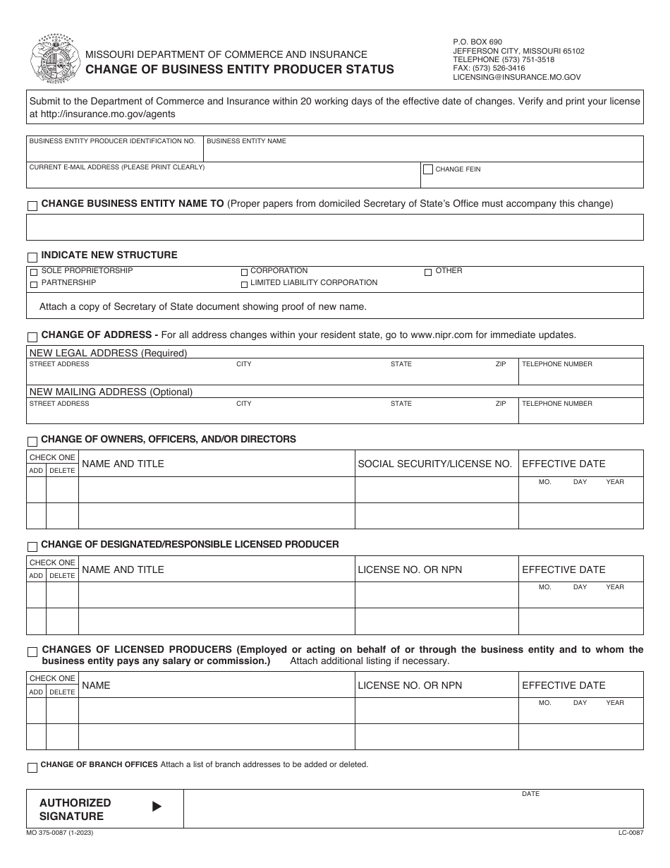 Form MO375-0087 Download Fillable PDF or Fill Online Change of Business ...