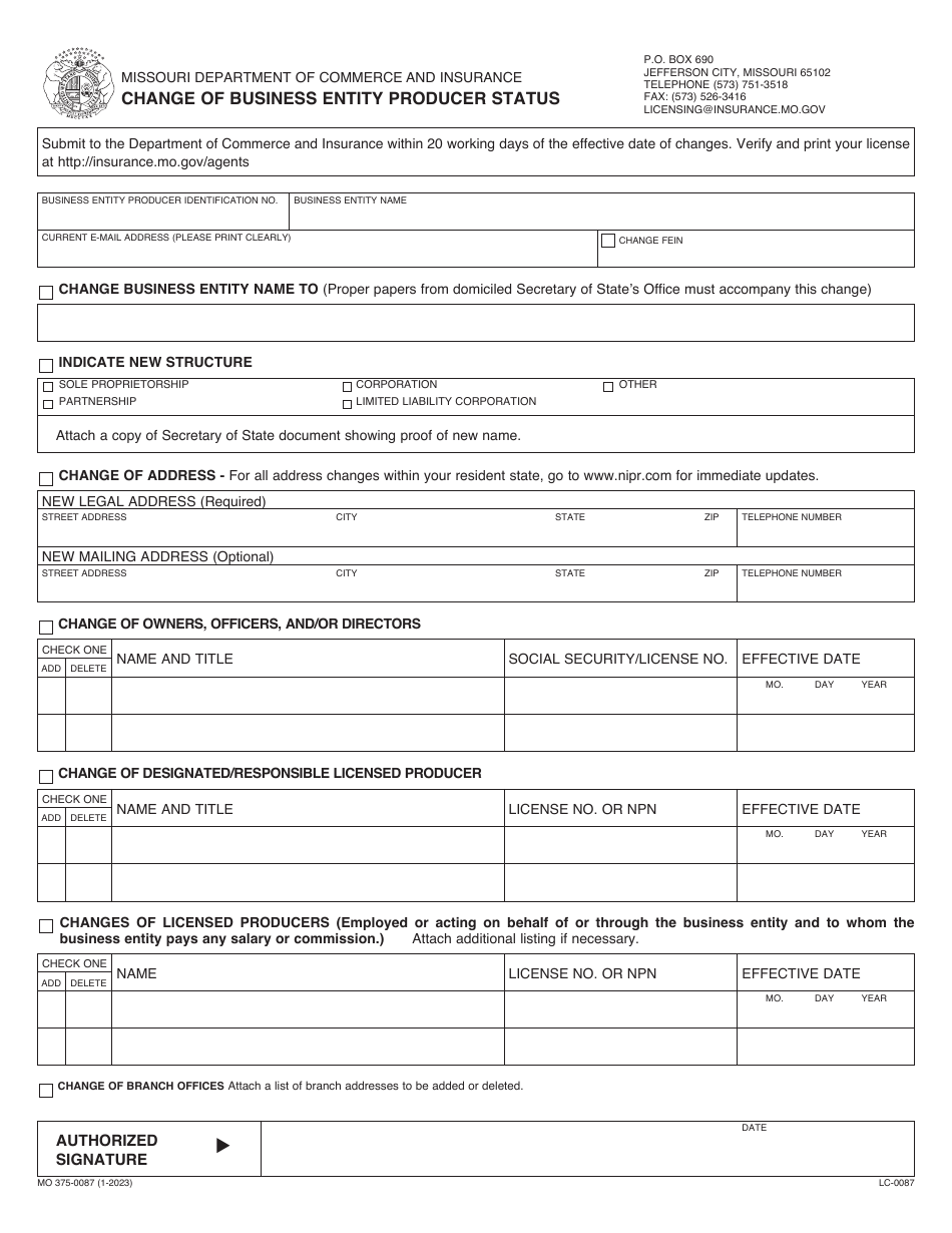 Form MO375-0087 Change of Business Entity Producer Status - Missouri, Page 1