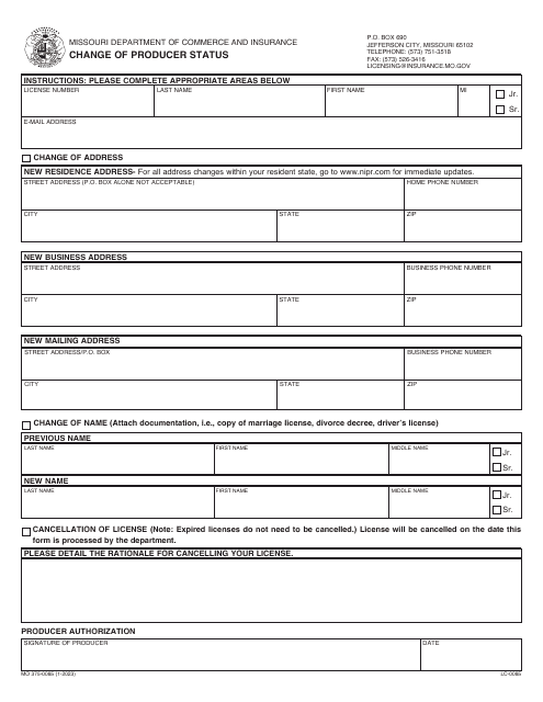 Form MO375-0085 Change of Producer Status - Missouri