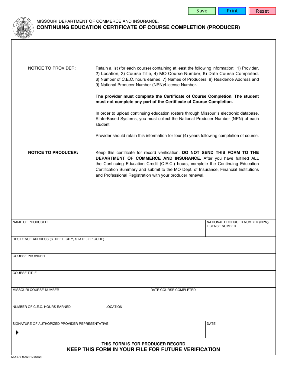Form MO375-0092 Continuing Education Certificate of Course Completion (Producer) - Missouri, Page 1