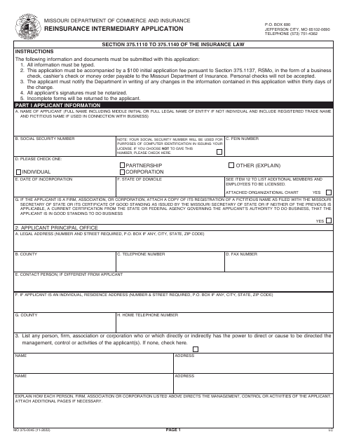Form MO375-0045 Reinsurance Intermediary Application - Missouri
