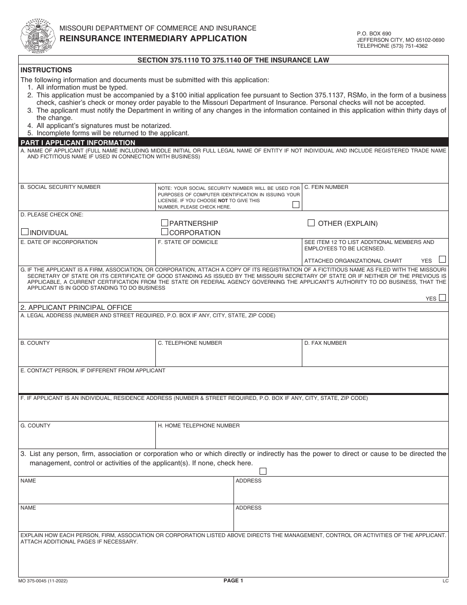 Form MO375-0045 Reinsurance Intermediary Application - Missouri, Page 1