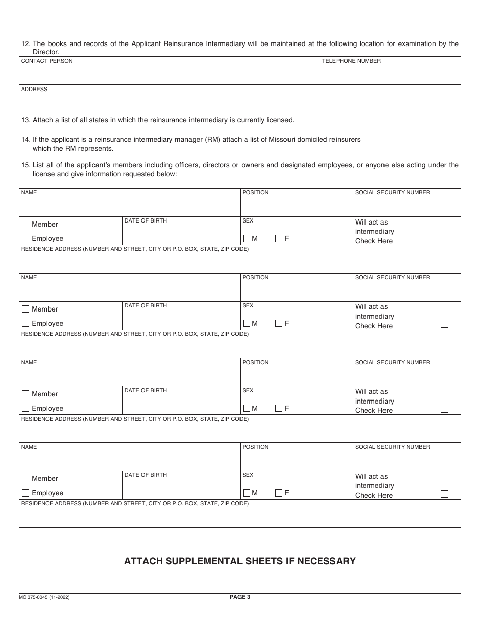 Form MO375-0045 Reinsurance Intermediary Application - Missouri, Page 3