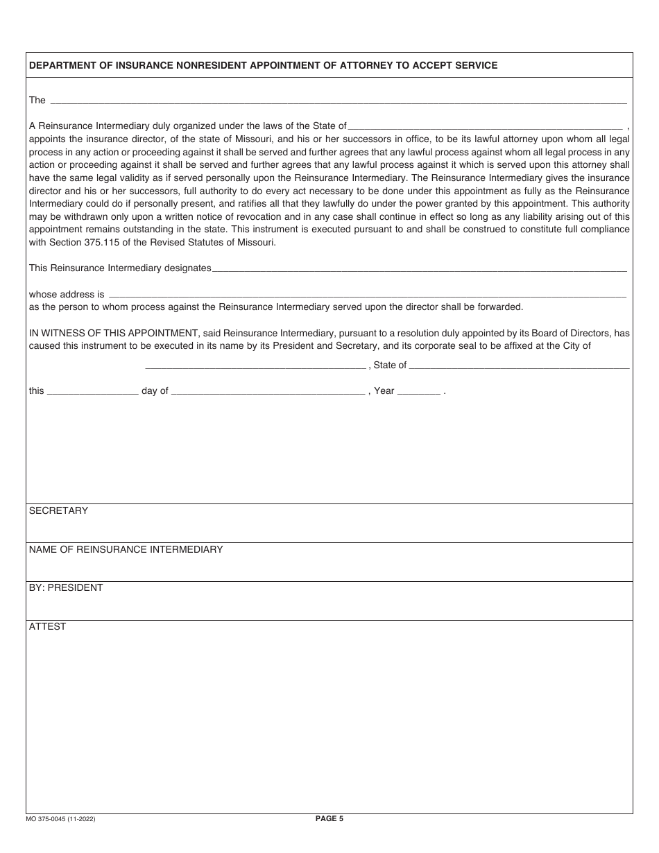 Form MO375-0045 Reinsurance Intermediary Application - Missouri, Page 5
