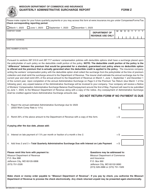 Form Z (MO375-0701) Quarterly Administrative Surcharge Report - Missouri