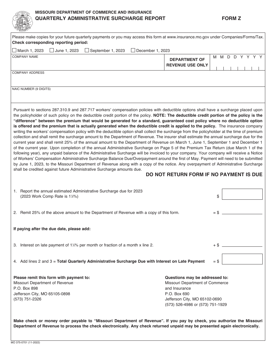 Form Z (MO375-0701) Quarterly Administrative Surcharge Report - Missouri, Page 1