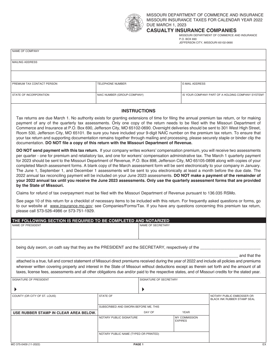 Form MO375-0409 Casualty Insurance Companies - Missouri, Page 1