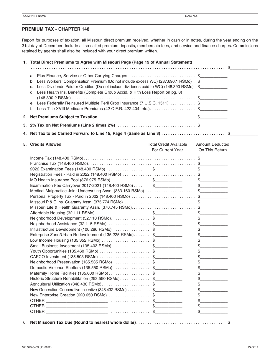 Form MO375-0409 Casualty Insurance Companies - Missouri, Page 2