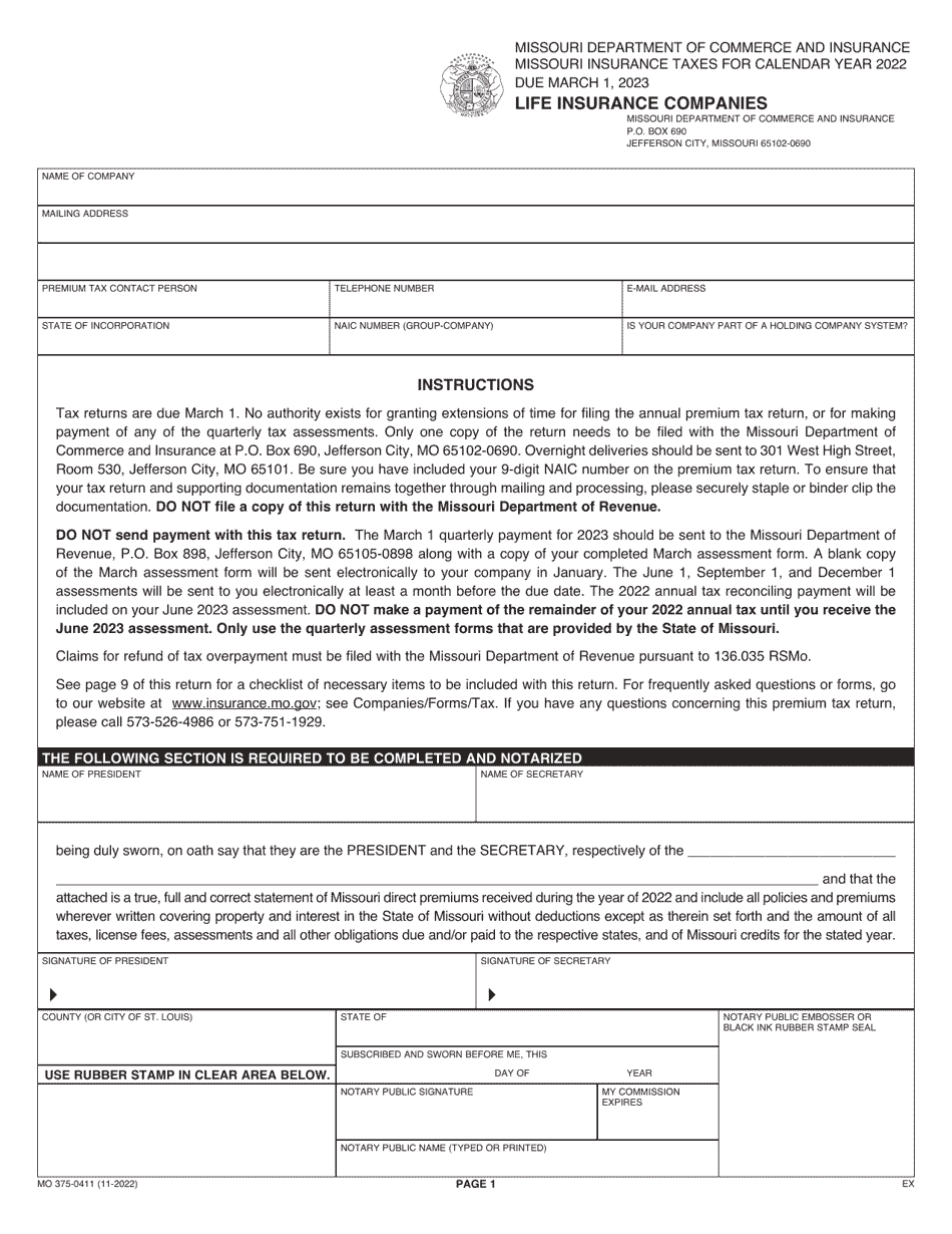 Form MO375-0411 Life Insurance Companies - Missouri, Page 1