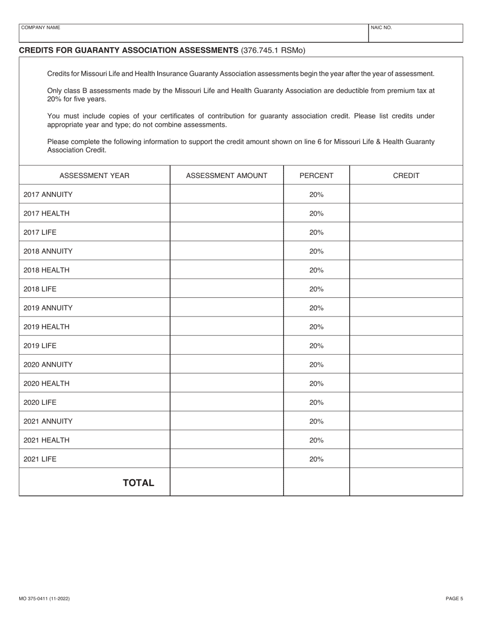 Form MO375-0411 Life Insurance Companies - Missouri, Page 5
