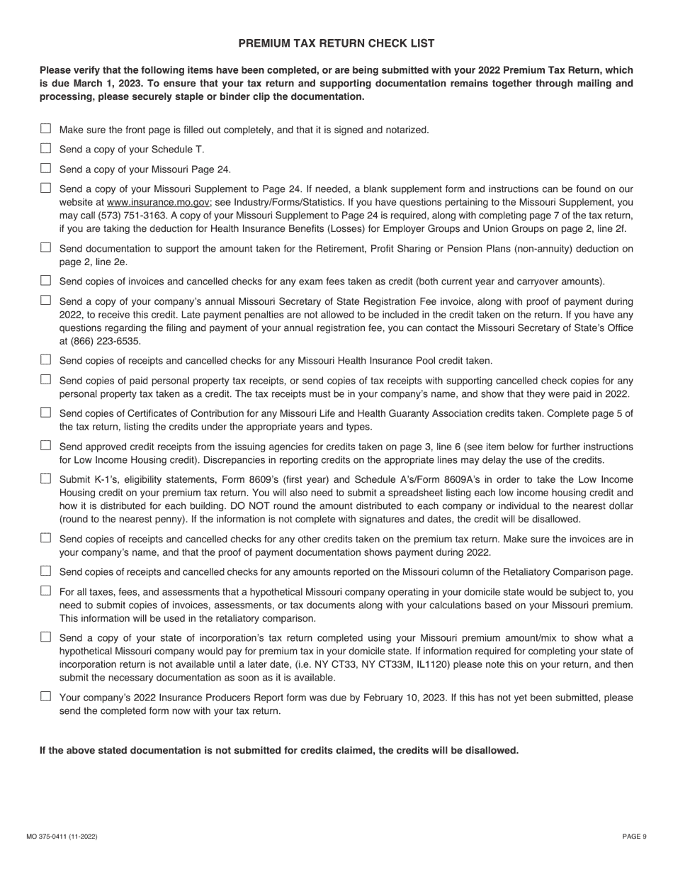 Form MO375-0411 Life Insurance Companies - Missouri, Page 9