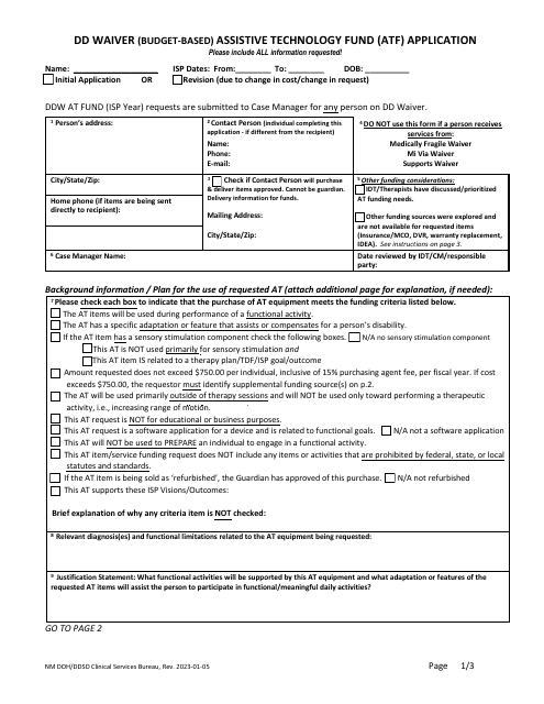 DD Waiver (Budget-Based) Assistive Technology Fund (ATF) Application - New Mexico Download Pdf