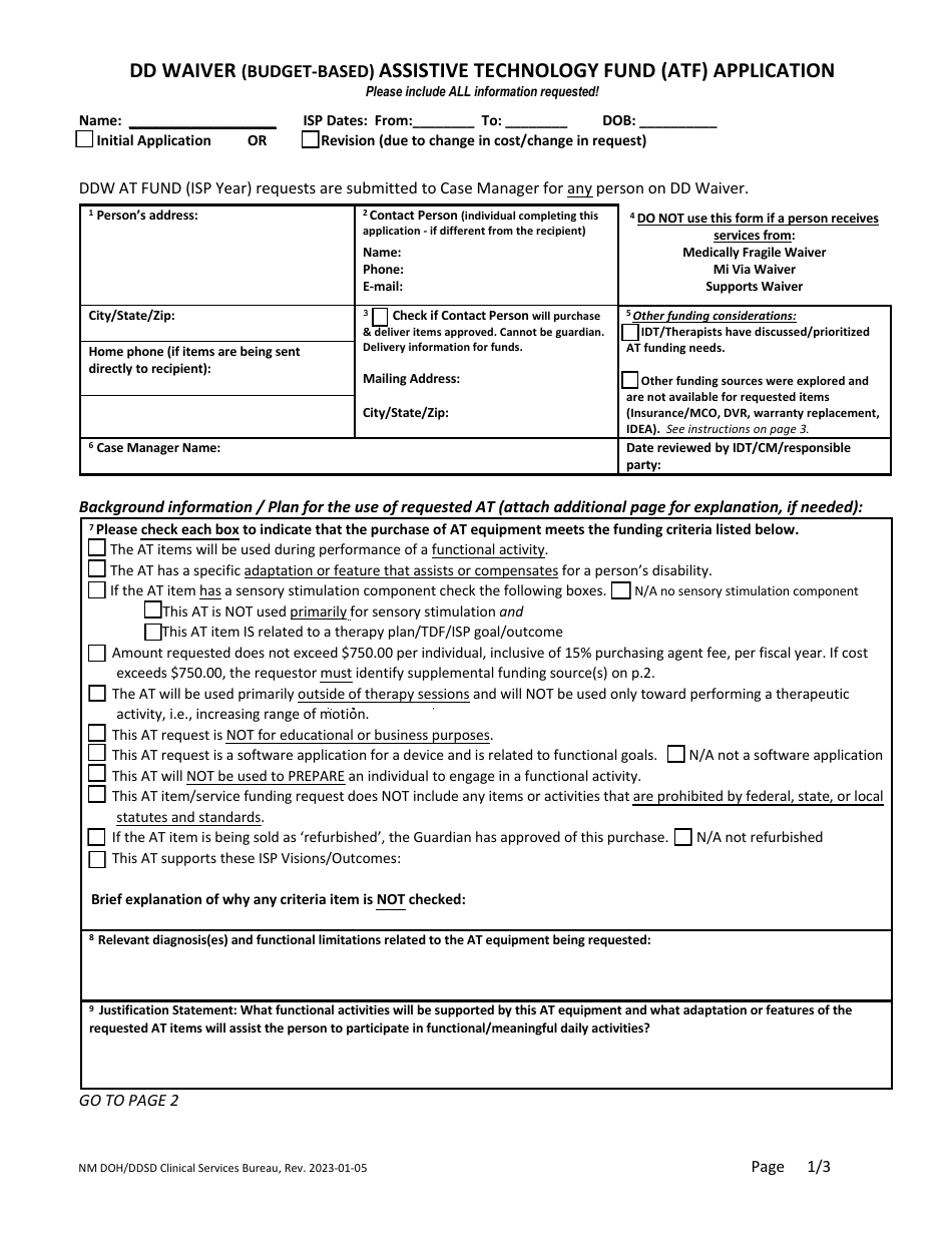 DD Waiver (Budget-Based) Assistive Technology Fund (ATF) Application - New Mexico, Page 1