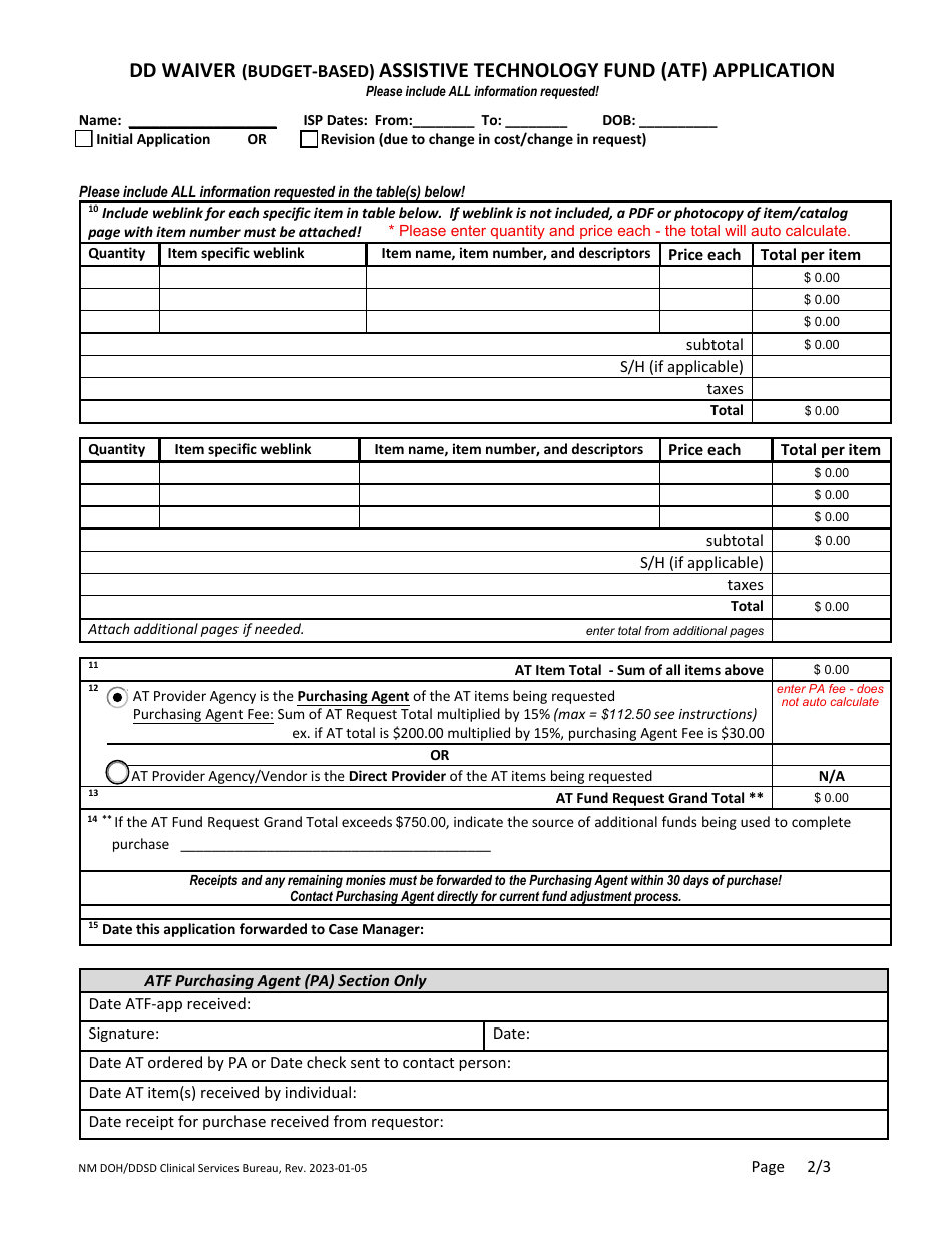 DD Waiver (Budget-Based) Assistive Technology Fund (ATF) Application - New Mexico, Page 2