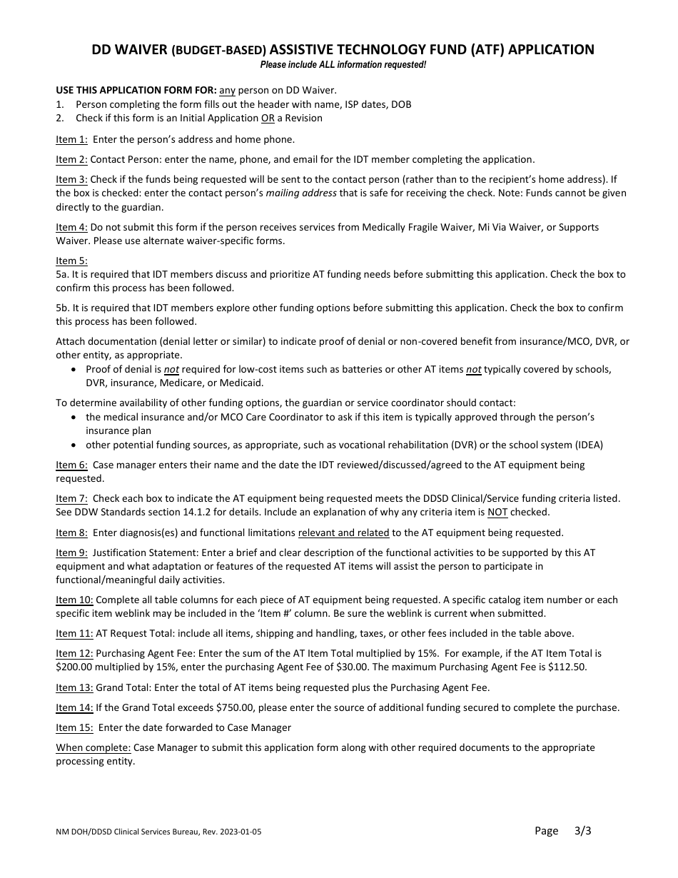 DD Waiver (Budget-Based) Assistive Technology Fund (ATF) Application - New Mexico, Page 3