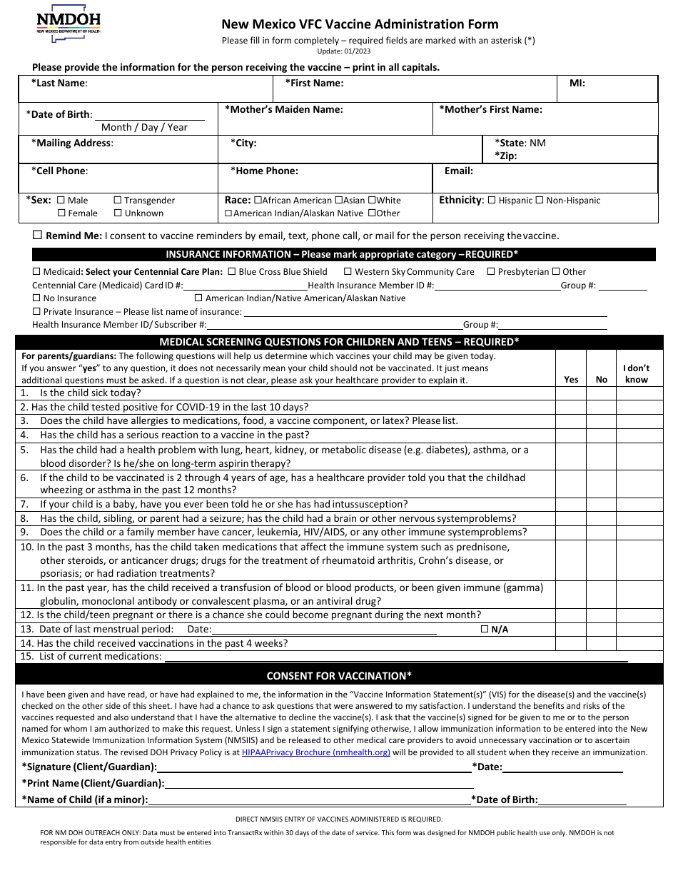 New Mexico Vfc Vaccine Administration Form - New Mexico, Page 1