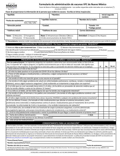 Formulario De Administracion De Vacunas Vfc De Nuevo Mexico - New Mexico (Spanish) Download Pdf