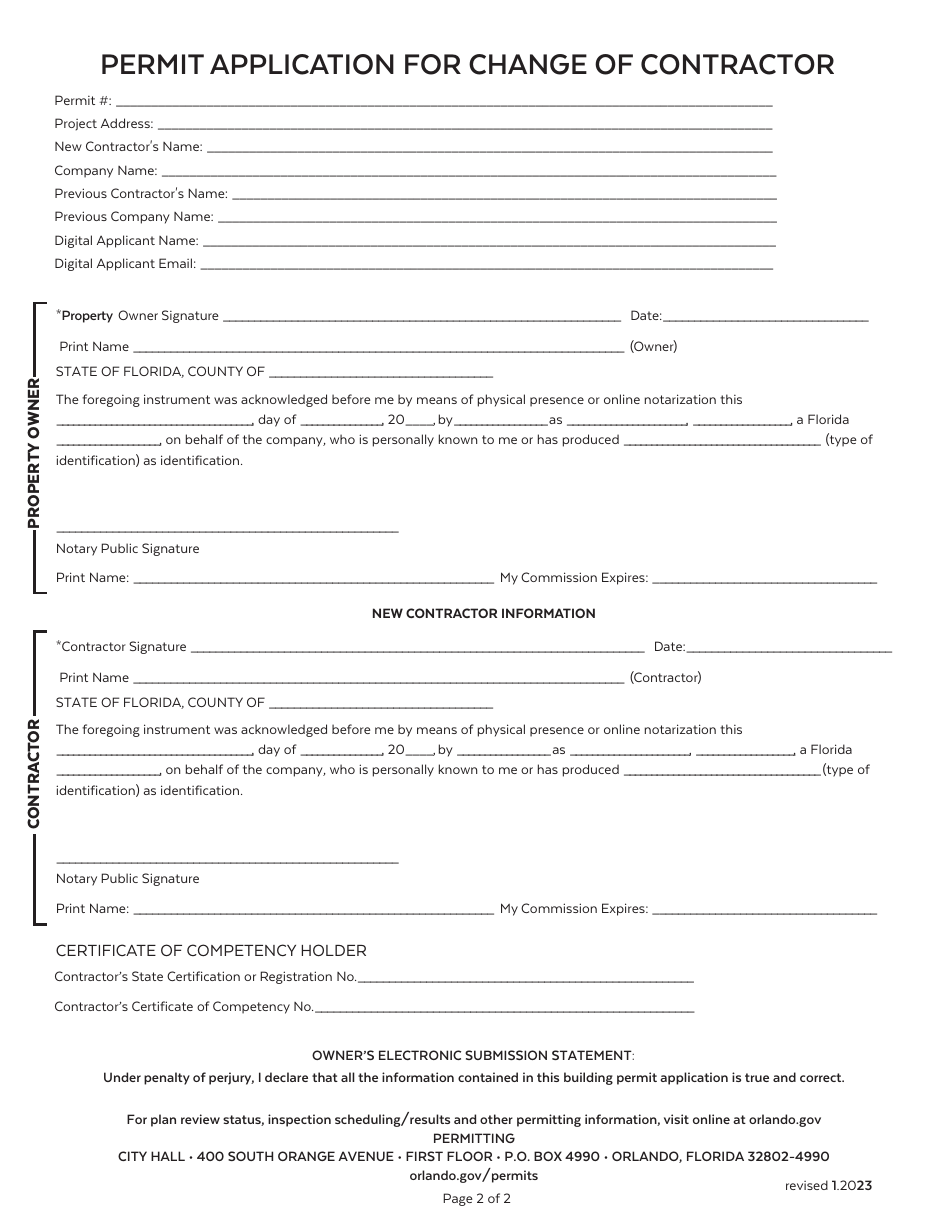 Permit Application for Change of Contractor - City of Orlando, Florida, Page 2
