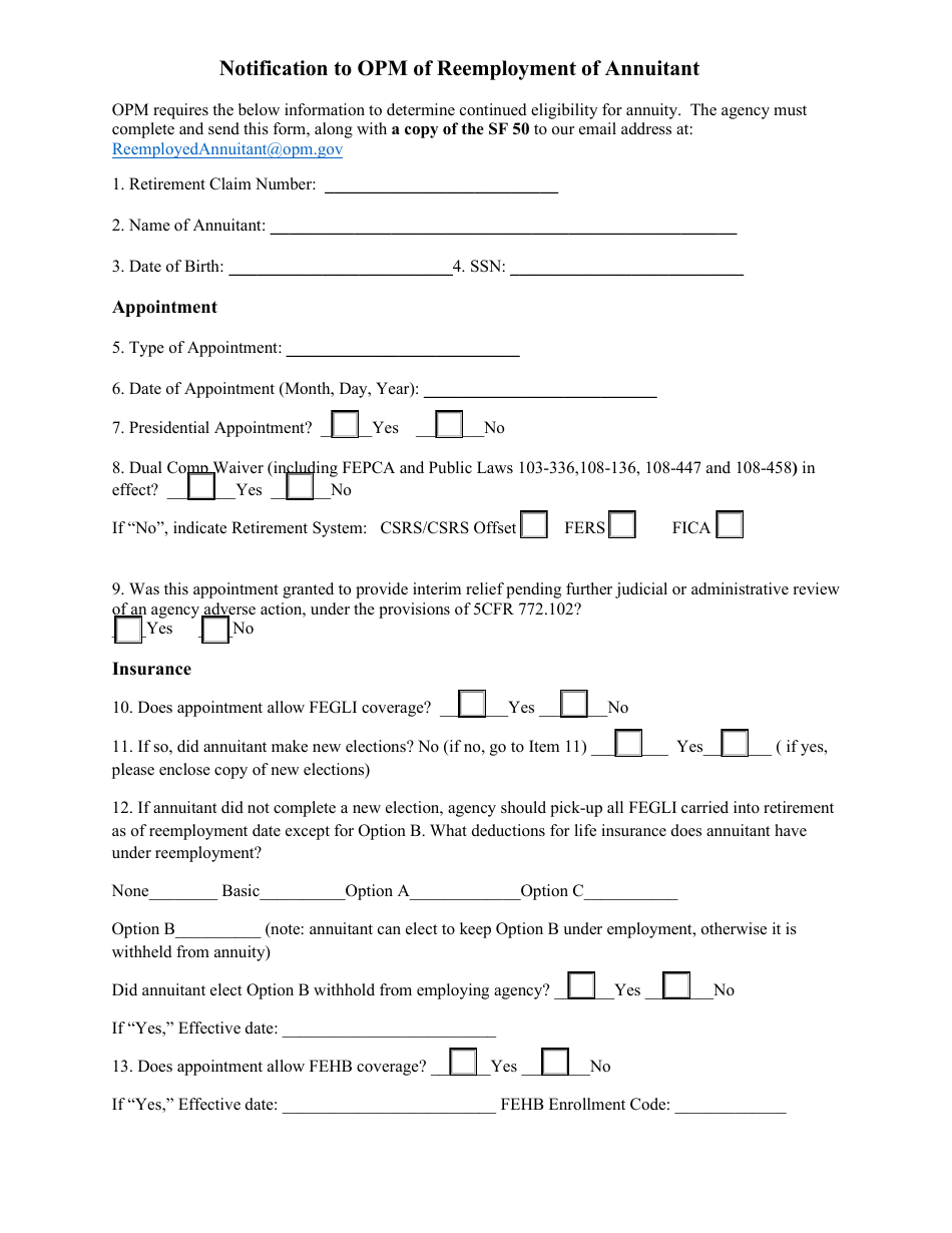 Notification To OPM Of Reemployment Of Annuitant - Fill Out, Sign ...