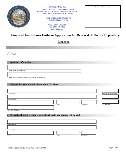 Financial Institutions Uniform Application for Renewal of Thrift - Depository Licensee - Nevada Download Pdf