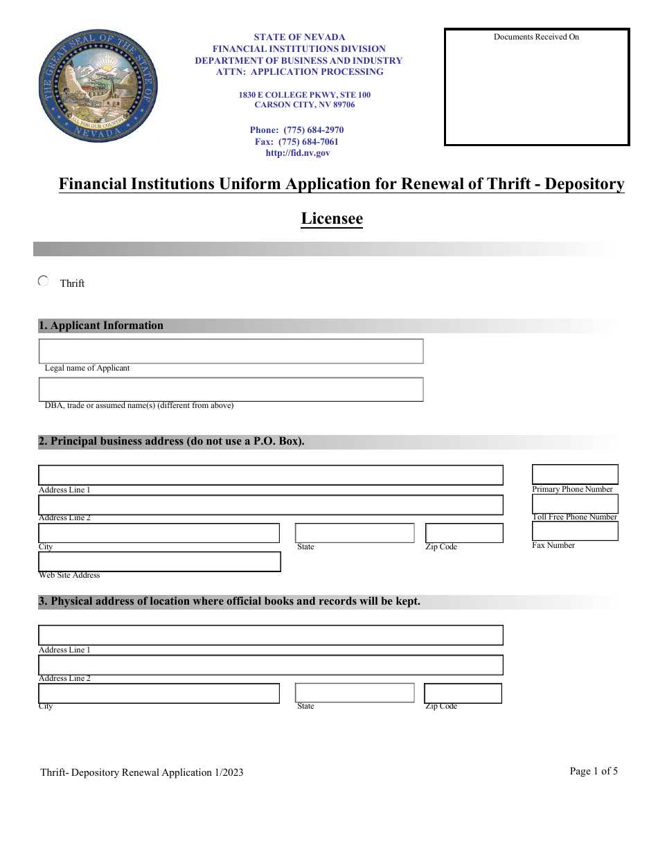 Financial Institutions Uniform Application for Renewal of Thrift - Depository Licensee - Nevada, Page 1