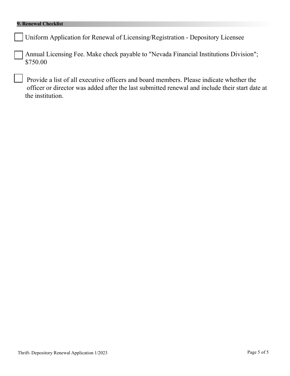 Financial Institutions Uniform Application for Renewal of Thrift - Depository Licensee - Nevada, Page 5