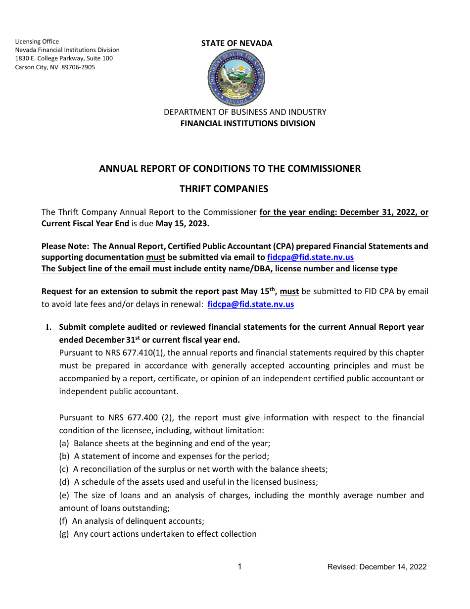 Annual Report of Conditions to the Commissioner Thrift Companies - Nevada, Page 1