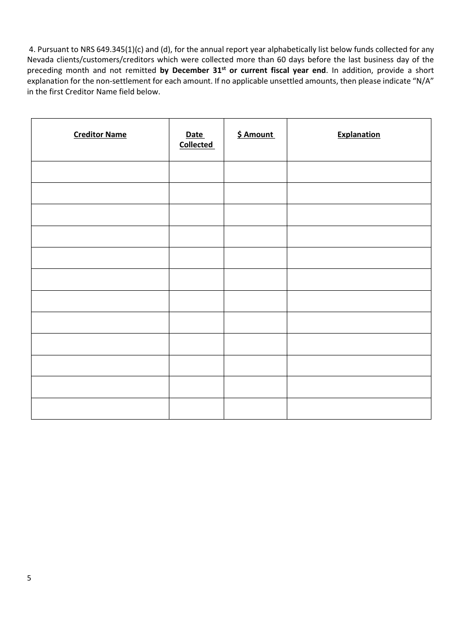 Collection Agency Annual Report to Commissioner - Nevada, Page 5