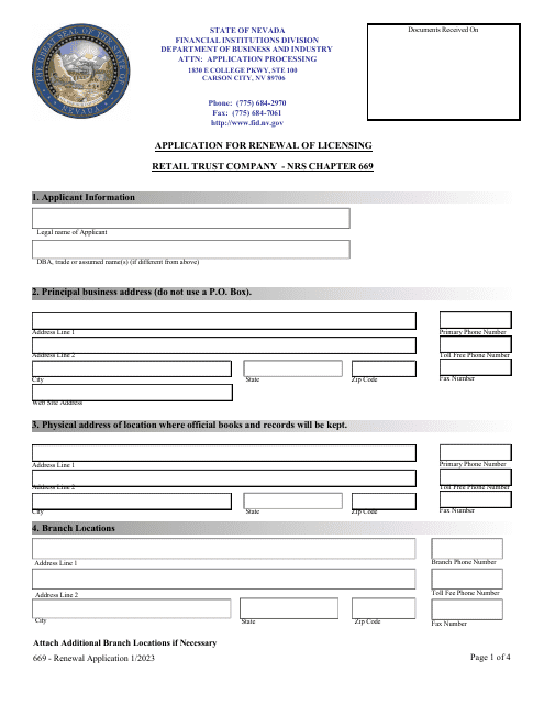Application for Renewal of Licensing Retail Trust Company - Nrs Chapter 669 - Nevada Download Pdf